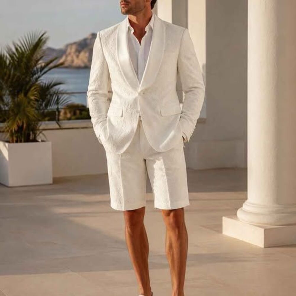 Men’s White Floral Embossed Blazer & Shorts Set Mixed Size Formal Party Suit